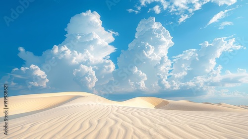 Expansive white sand dunes under a bright blue sky with fluffy clouds in a desert landscape