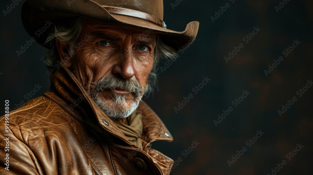 A rugged cowboy in a brown leather jacket and hat posing against a dark backdrop A rugged cowboy in a brown leather jacket and hat posing against a dark backdrop