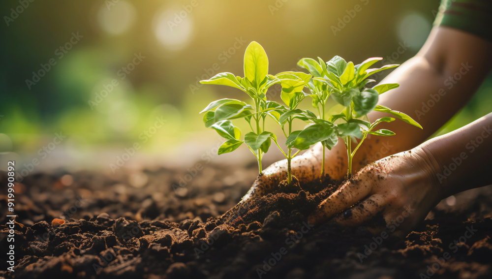 Fototapeta premium Plant in Hands at garden nature background