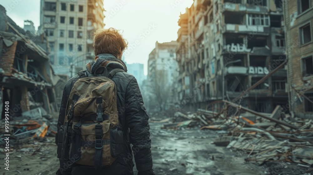 A person explores a devastated urban area at dusk with a backpack A person explores a devastated urban area at dusk with a backpack