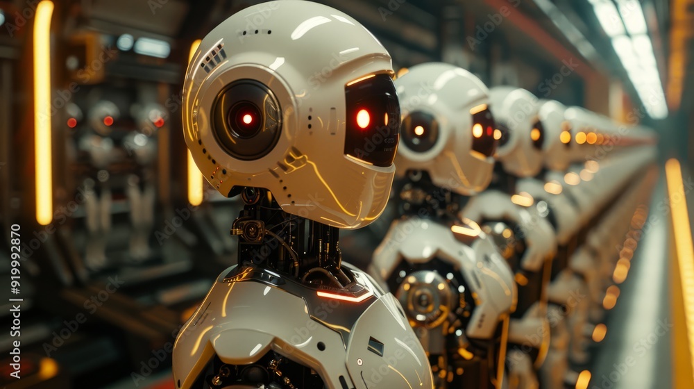 Robots lined up for activation in a futuristic assembly facility Robots lined up for activation in a futuristic assembly facility