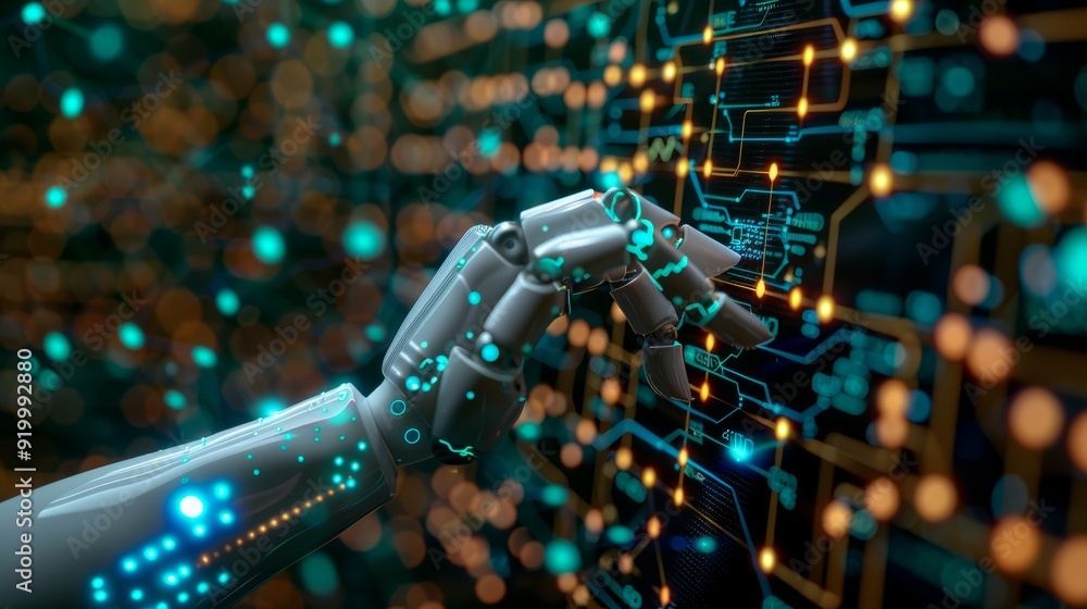 A robotic hand interacting with a futuristic digital interface full of circuits and lights A robotic hand interacting with a futuristic digital interface full of circuits and lights