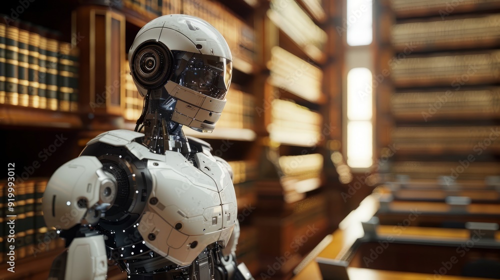 A humanoid robot stands in a library filled with books, showcasing advanced AI technology A humanoid robot stands in a library filled with books, showcasing advanced AI technology