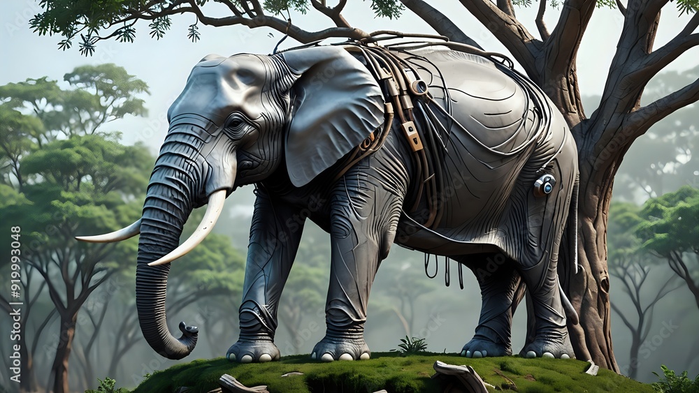 Fototapeta premium A metallic elephant stands in a forest, a futuristic and organic blend.