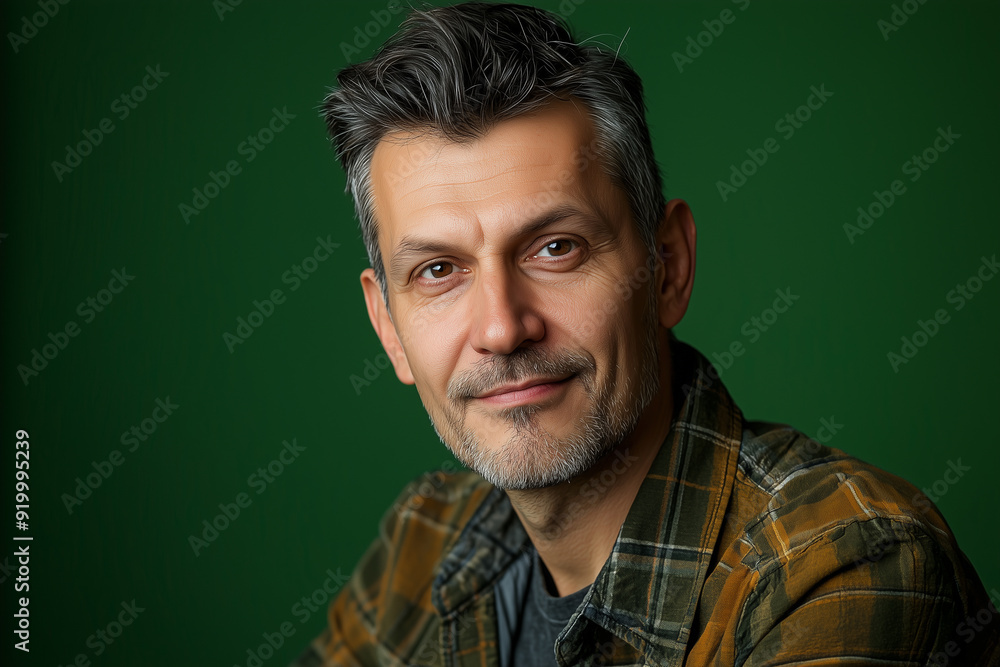 happy, studio portrait of a man in his 40s, front mugshot, looking at the camera, facing the camera straight ahead, random clothes. green style happy, studio portrait of a man in his 40s, front mugshot, looking at the camera, facing the camera straight ahead, random clothes. green style
