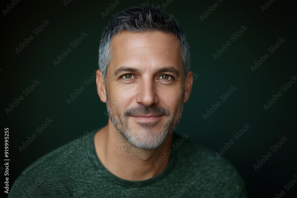 happy, studio portrait of a man in his 40s, front mugshot, looking at the camera, facing the camera straight ahead, random clothes. green style happy, studio portrait of a man in his 40s, front mugshot, looking at the camera, facing the camera straight ahead, random clothes. green style