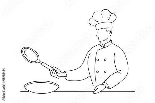 Line Drawing of Chef with Frying Pan  Elegant Line Art Vector Illustration photo