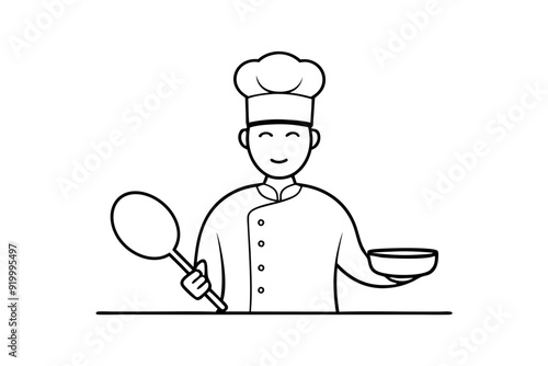 Line Drawing of Chef with Frying Pan  Elegant Line Art Vector Illustration photo