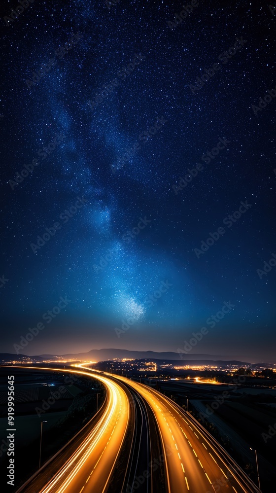 A breathtaking night scene featuring a winding road under a starry sky, illuminated by city lights in the distance. A breathtaking night scene featuring a winding road under a starry sky, illuminated by city lights in the distance.