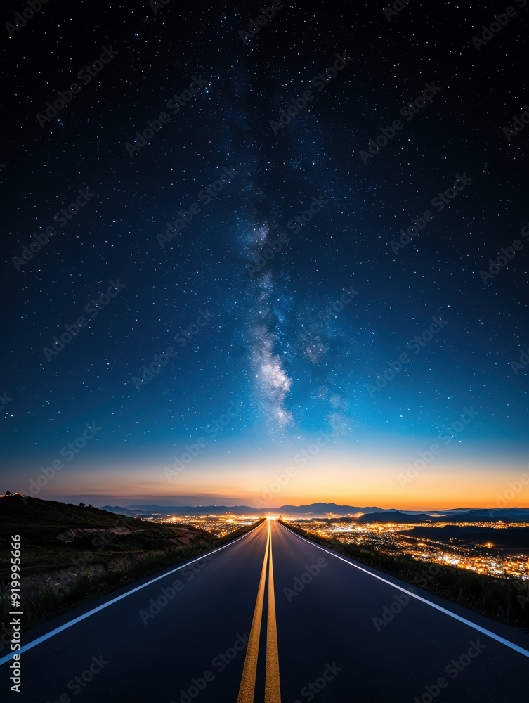 Fototapeta premium A breathtaking view of a long road leading into a starry night sky, illuminated by the distant city lights and the Milky Way.