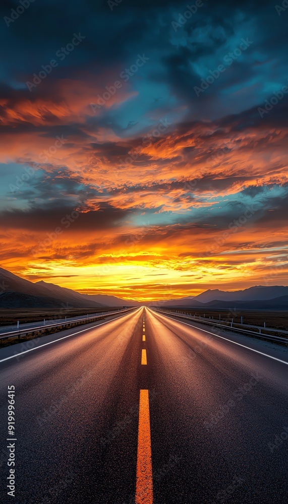 A stunning sunset over a long road, with vibrant colors illuminating the sky, creating a tranquil travel scene. A stunning sunset over a long road, with vibrant colors illuminating the sky, creating a tranquil travel scene.
