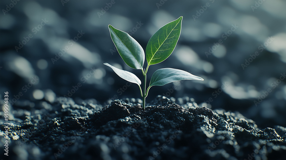 Small Green Plant Growing from Soil in Dark Environment Small Green Plant Growing from Soil in Dark Environment