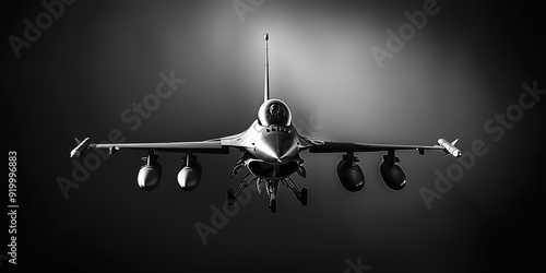 Black and White Fighter Jet in Flight from Front View photo