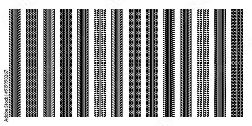 Tire tracks, wheel braking marks. Truck, car or motorcycle tread pattern silhouettes. Auto race, motorsport, speed racing design element. Vector illustration