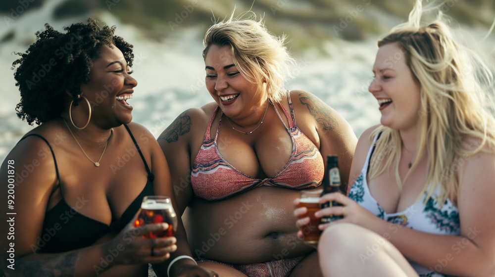 Diverse group of women laughing with drinks on the beach. Diverse group of women laughing with drinks on the beach.