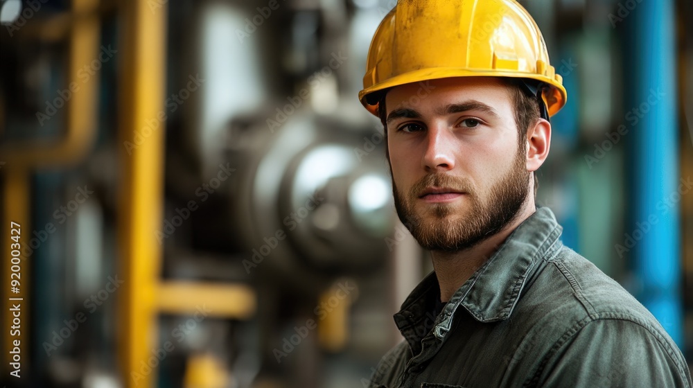A man in a yellow hard hat is standing in front of a yellow pipe. He is wearing a green shirt and a grey jacket A man in a yellow hard hat is standing in front of a yellow pipe. He is wearing a green shirt and a grey jacket