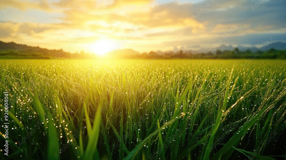 A field of green grass with a sun in the sky. The sun is setting and the sky is filled with clouds A field of green grass with a sun in the sky. The sun is setting and the sky is filled with clouds