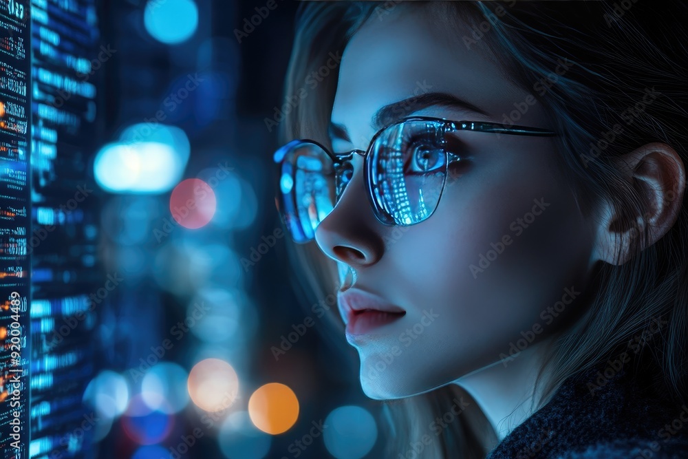 A woman is looking at a computer screen with a blurry background. She is wearing glasses and has a smile on her face A woman is looking at a computer screen with a blurry background. She is wearing glasses and has a smile on her face