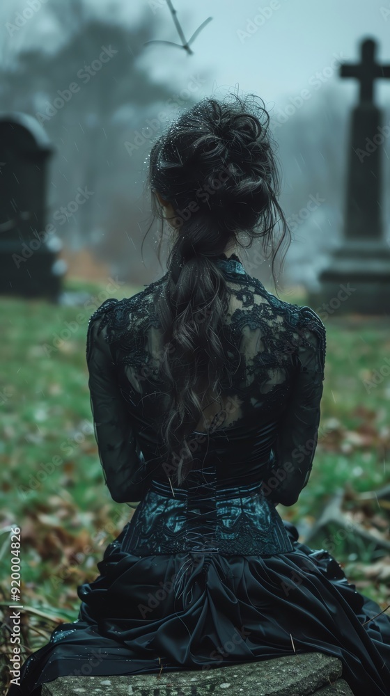 Woman in black lace dress sitting amidst gravestones in a foggy cemetery, emphasizing a somber, gothic atmosphere. Woman in black lace dress sitting amidst gravestones in a foggy cemetery, emphasizing a somber, gothic atmosphere.