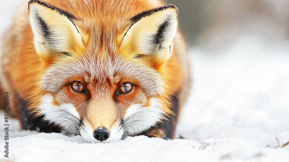Obraz premium a red fox crouched low in the snow, its fur glowing warmly against the cold white backdrop