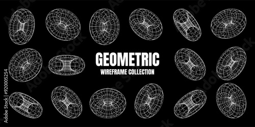 Wireframe shapes, lined torus. Perspective mesh, 3d grid. Low poly geometric elements. Retro futuristic design elements, y2k, vaporwave and synthwave style. Vector illustration photo