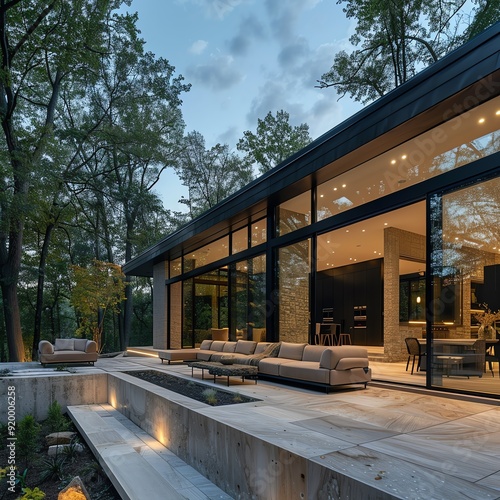 A modern home with large windows overlooking a forest, enhancing the relationship between indoor and outdoor spaces, landscape home relationships, indooroutdoor harmony photo