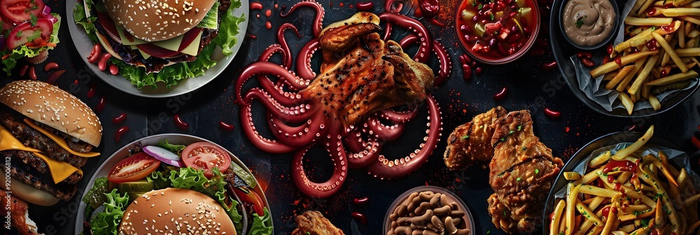 Fototapeta premium Junk Food Gene or fat mass and obesity associated genetics or FTO as a Fast-food concept with a DNA strand representing genetics and unhealthy eating affecting genes.