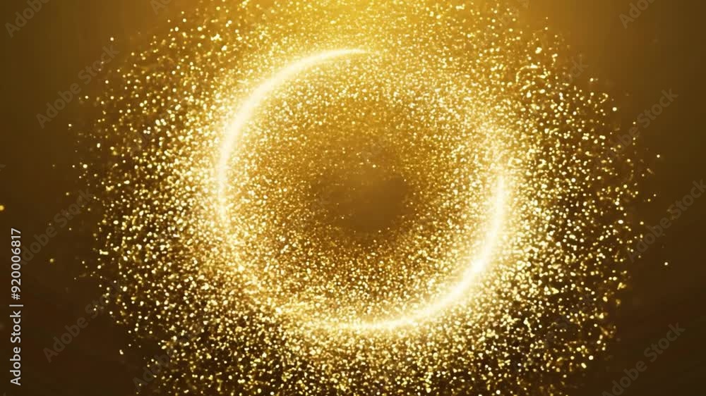 Glowing golden particles forming a circular vortex. Glowing golden particles forming a circular vortex.