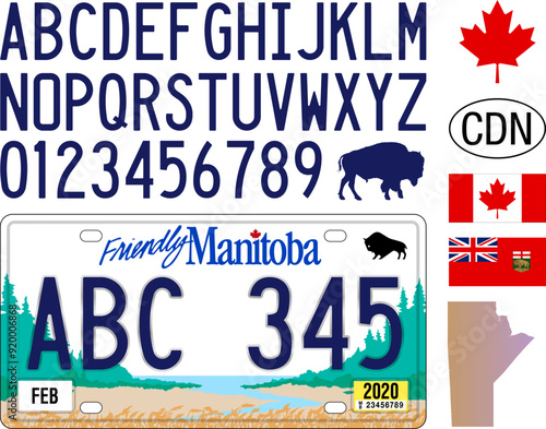 Manitoba car license plate pattern, numbers, lettering and symbols, Canada, north america, vector illustration