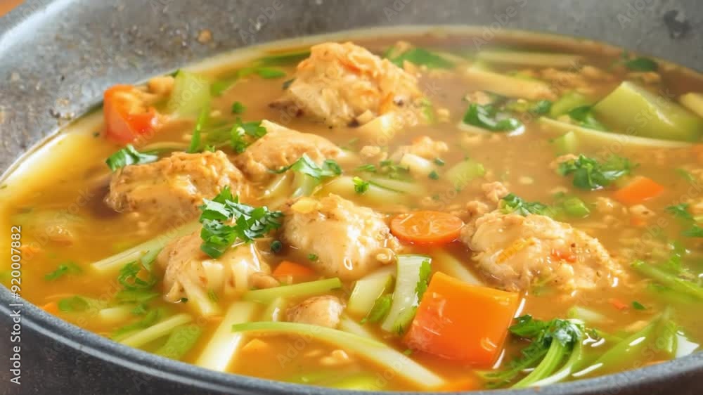 Hearty chicken vegetable soup simmering in pot. Hearty chicken vegetable soup simmering in pot.