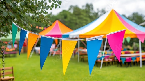Colorful party flags hang in a backyard garden with colorful tents in the background.