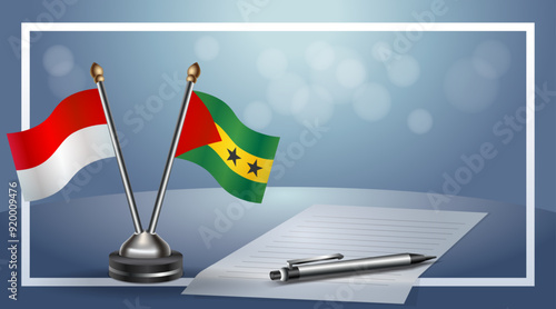 Indonesia and Sao Tome and Principe Small national flag on bokeh background, cooperative relationship