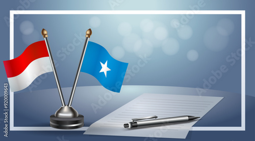 Indonesia and Somalia Small national flag on bokeh background, cooperative relationship