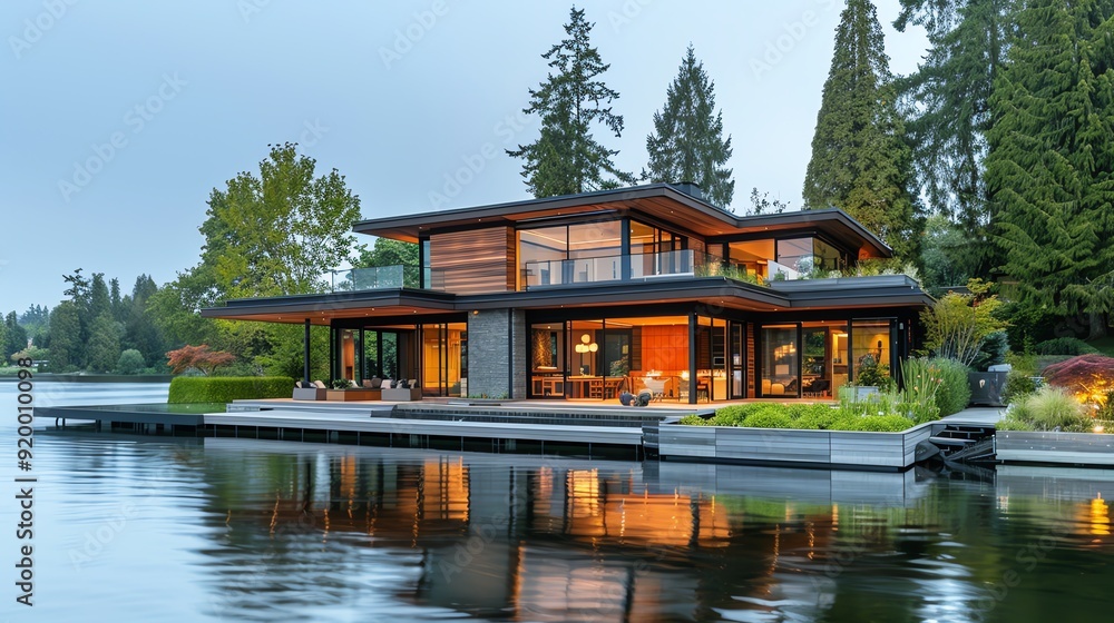 Houses on the edge of a lake, fostering strong relationships between the residents and the water landscape, landscape home relationships, lakeside living Houses on the edge of a lake, fostering strong relationships between the residents and the water landscape, landscape home relationships, lakeside living