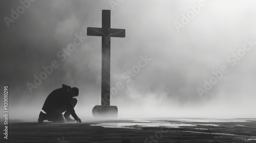 A man kneels and prays in front of a cross.