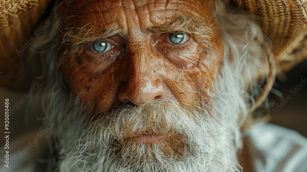 A Close-up Portrait of a Man with a Long White Beard and Blue Eyes. A Close-up Portrait of a Man with a Long White Beard and Blue Eyes.