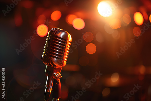 Microphone on Dramatic Stage with Colorful Lighting and Fog Effects