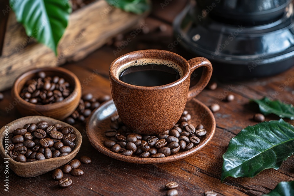 A cup of aromatic black coffee, a coffee maker, coffee beans of different varieties on the table. Morning espresso or Americano coffee for breakfast in a beautiful brown cup - generative ai A cup of aromatic black coffee, a coffee maker, coffee beans of different varieties on the table. Morning espresso or Americano coffee for breakfast in a beautiful brown cup - generative ai