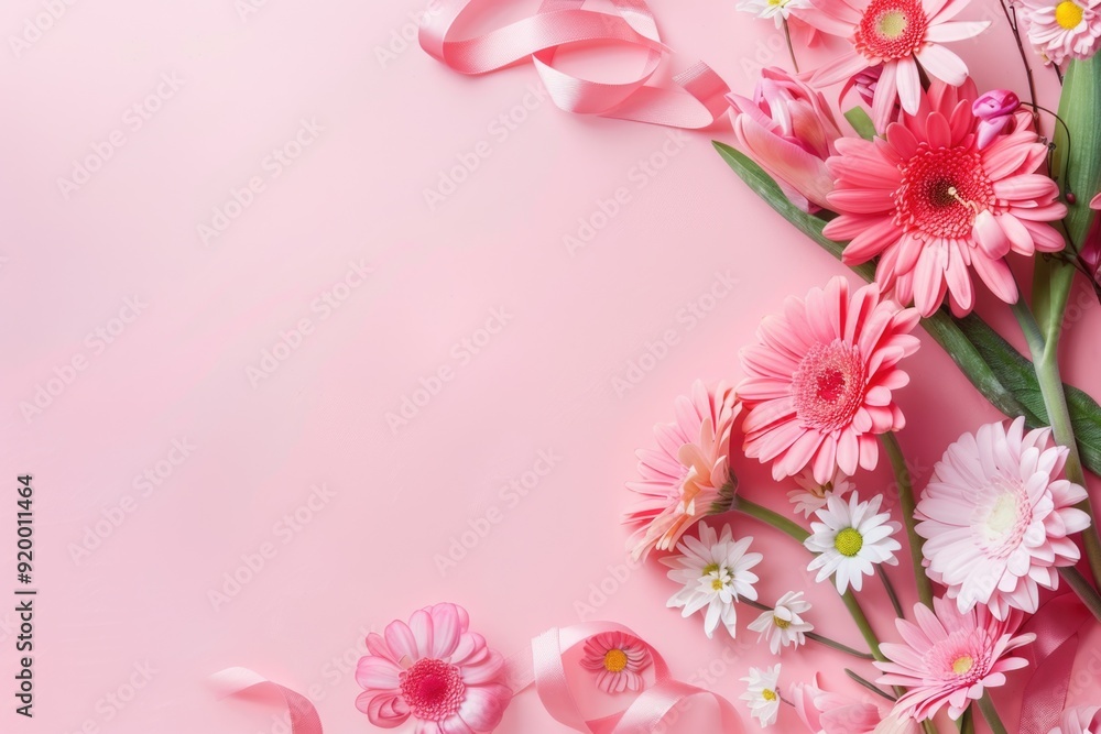 Naklejka premium Woman and kid with flowers background wallpaper with copy space