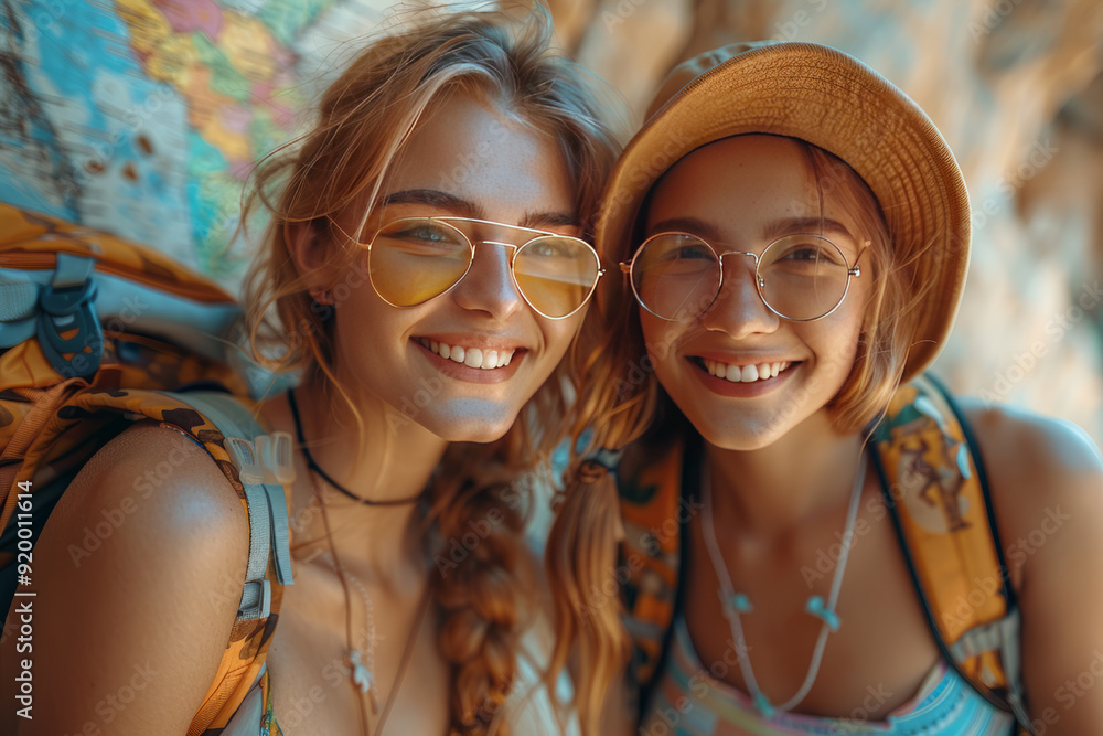 Fototapeta premium Fun, friends, travel and tourism concept. Beautiful girls looking for direction in the city.generative ai