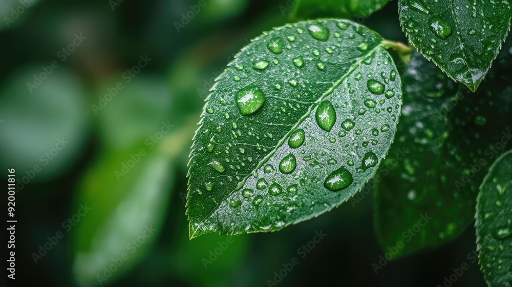 A leaf with water droplets on it A leaf with water droplets on it