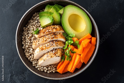 Bowl Buddha. Buckwheat, pumpkin, chicken fillet, avocado, carrots. On a black background. Top view. Free space for your text - generative ai