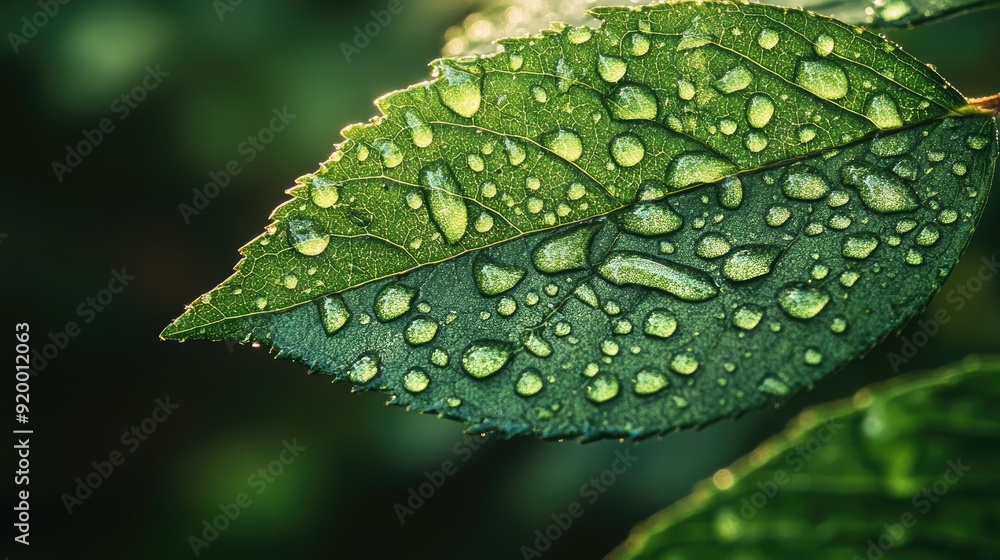 A leaf with water droplets on it. The droplets are small and scattered, giving the impression of a light rain. The leaf is green and he is fresh and healthy A leaf with water droplets on it. The droplets are small and scattered, giving the impression of a light rain. The leaf is green and he is fresh and healthy