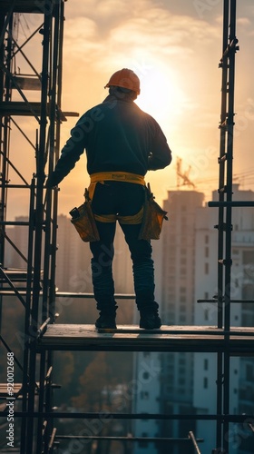 A construction worker stands on a building site in front of a construction site