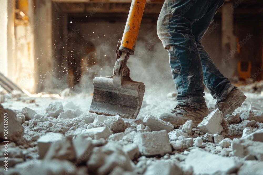 A man is using a shovel to dig through a pile of rubble. The scene is chaotic and messy, with debris scattered everywhere. The man is working hard, but the task seems daunting and overwhelming A man is using a shovel to dig through a pile of rubble. The scene is chaotic and messy, with debris scattered everywhere. The man is working hard, but the task seems daunting and overwhelming