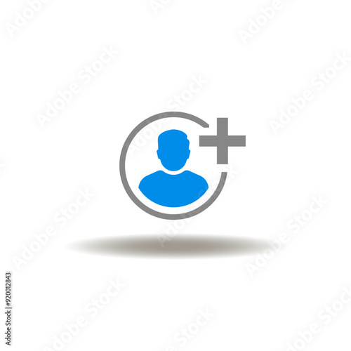 Vector illustration of man and plus sign. Icon of refer a friend. Symbol of user add. Sign of refer and earn.