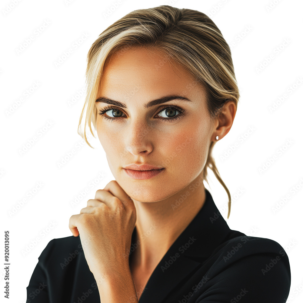 PNG Confident woman in black, deep in thought PNG Confident woman in black, deep in thought