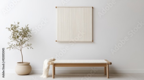 Modern weaving art, rectangular form, warp threads laid precisely, abstract design potential, minimalist studio, cool neutral colors, mid-century vibe