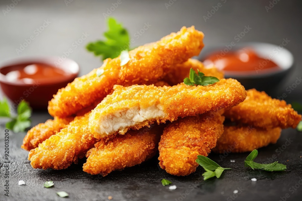 A plate of chicken tenders with parsley on top. The parsley is in a bowl on the right side of the plate A plate of chicken tenders with parsley on top. The parsley is in a bowl on the right side of the plate