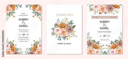 wedding invitation set with blush pink brown floral watercolor background